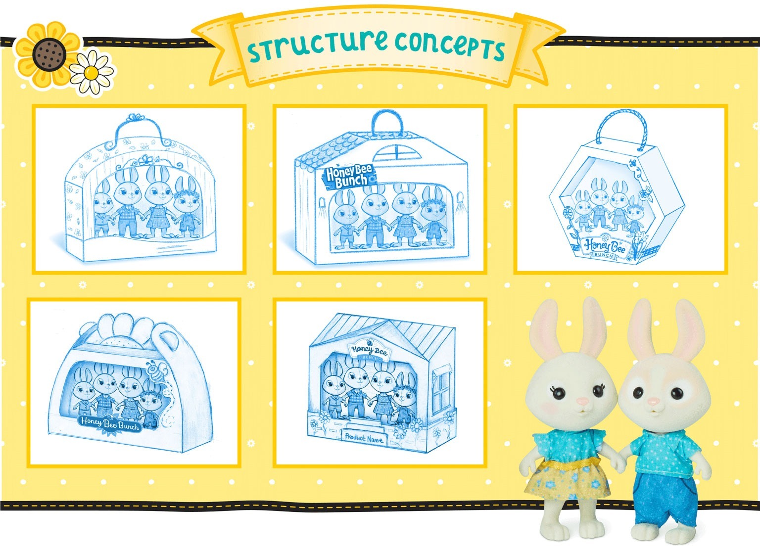 Honey Bee Acres Branding Logo and Package Design by McHale Design for Sunny Days Entertainment. 5 Sketch options for package structure concepts