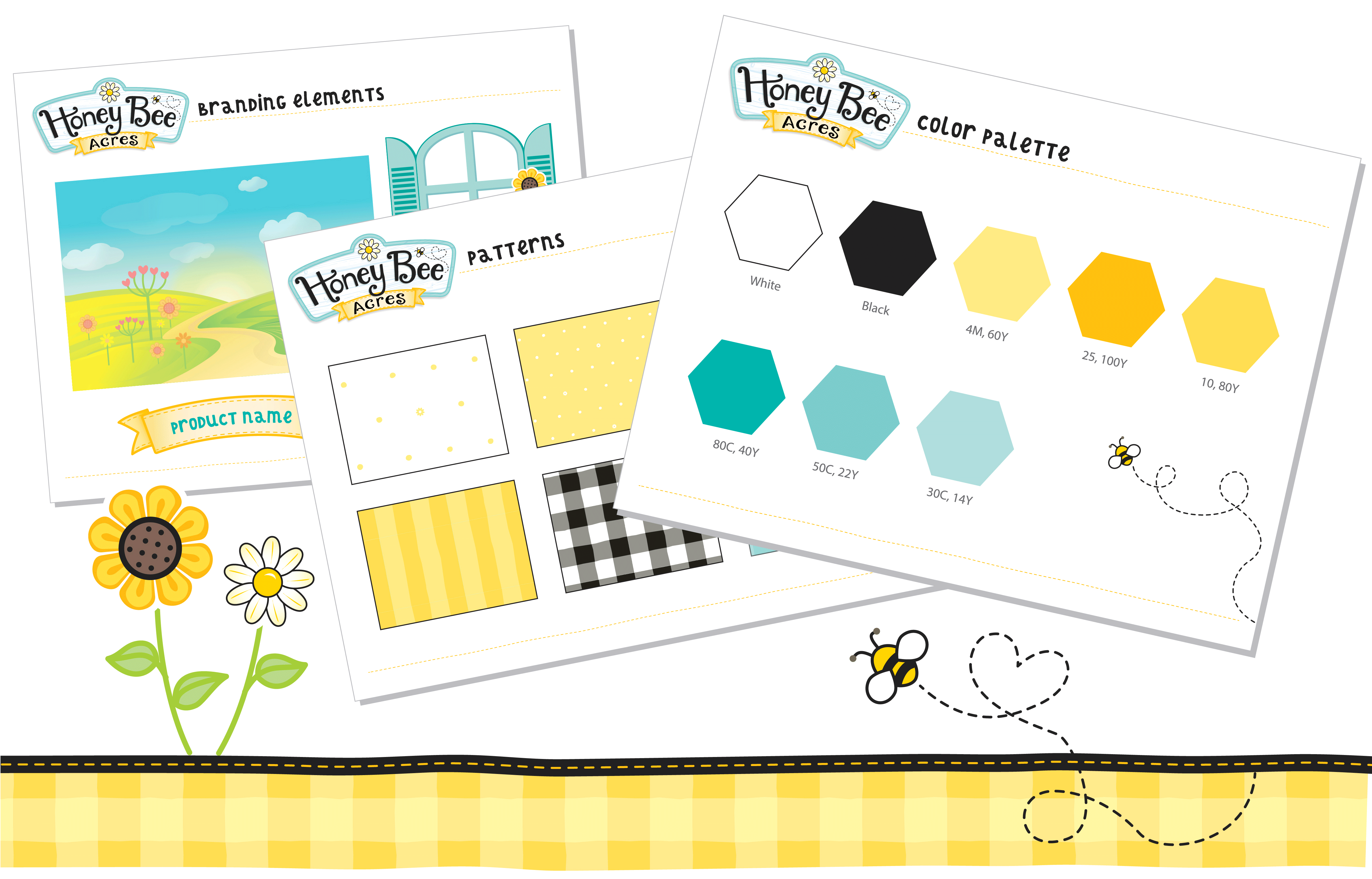 Honey Bee Acres Branding Logo and Package Design by McHale Design for Sunny Days Entertainment: Style Guide pages showing color, pattern and background development.