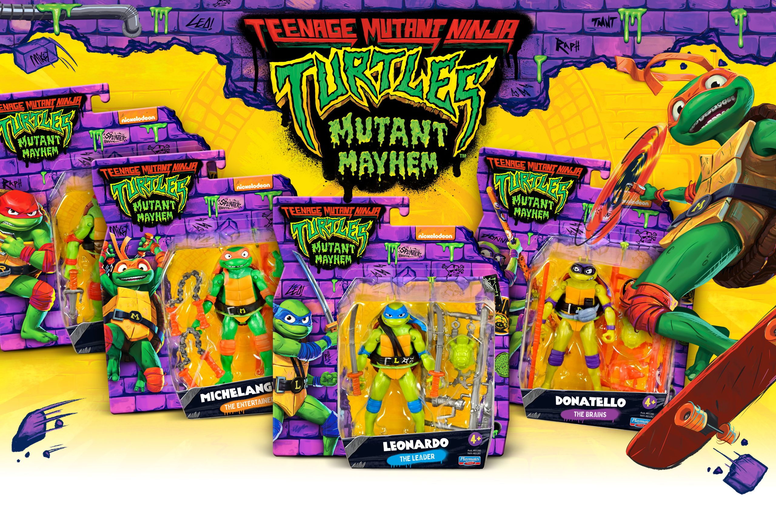TMNT branding and package design portfolio: Showing 4 examples of action figure package design for Raphael, Michelangelo, Leonardo and Donatello from the Nickelodeon Paramount Pictures animated movie TMNT Mutant Mayhem