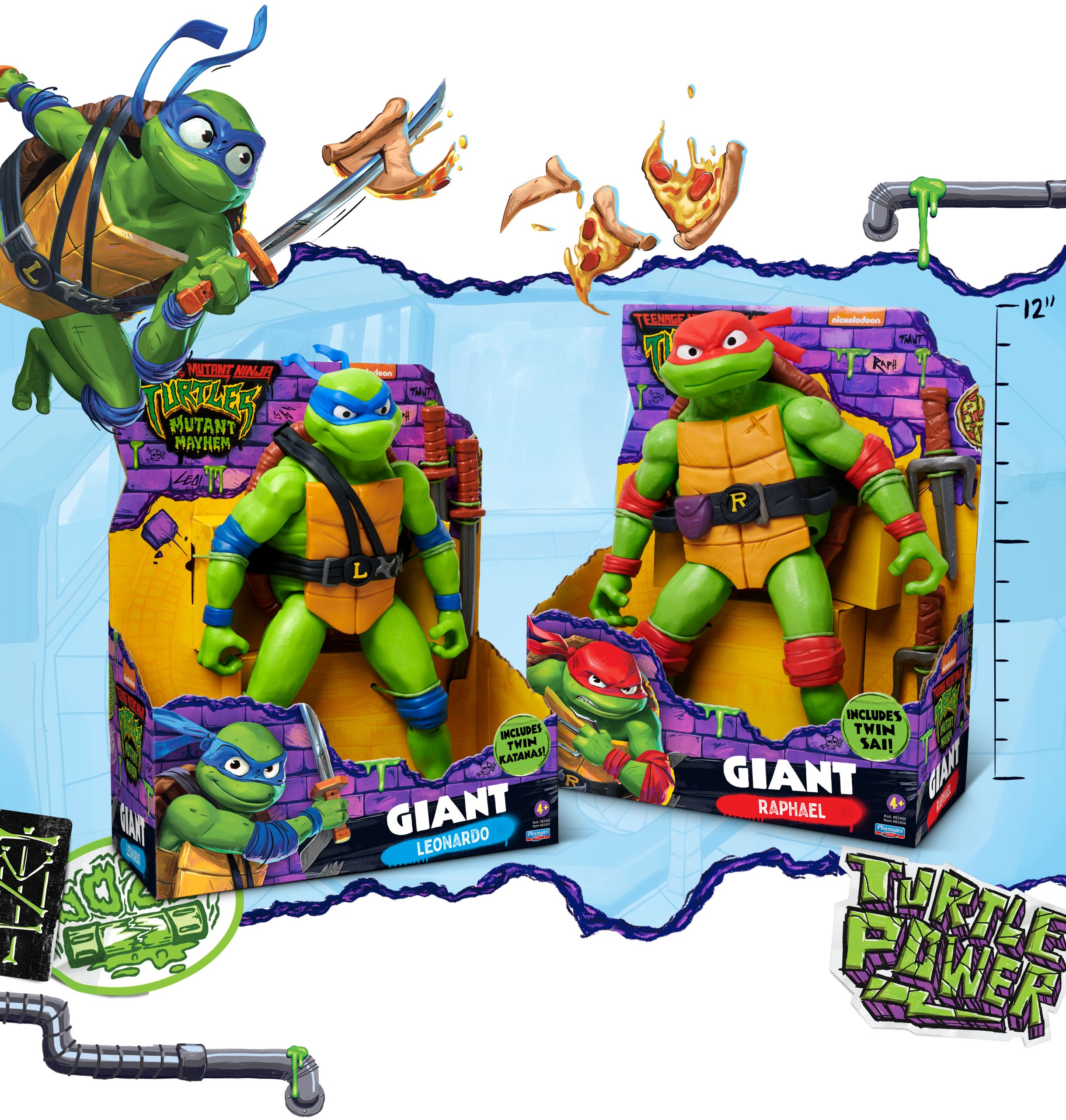 TMNT branding and package design portfolio: TMNT Mutant Mayhem Giant Leonardo and Giant Raphael Action Figure packaging. Turtle power!
