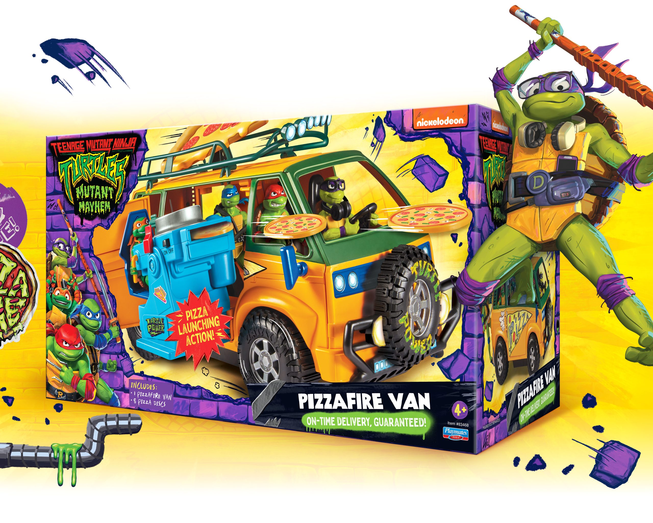 TMNT branding and package design portfolio: Mutant Mayhem TMNT Pizzafire Van action figure vehicle packaging. With pizza launching action!