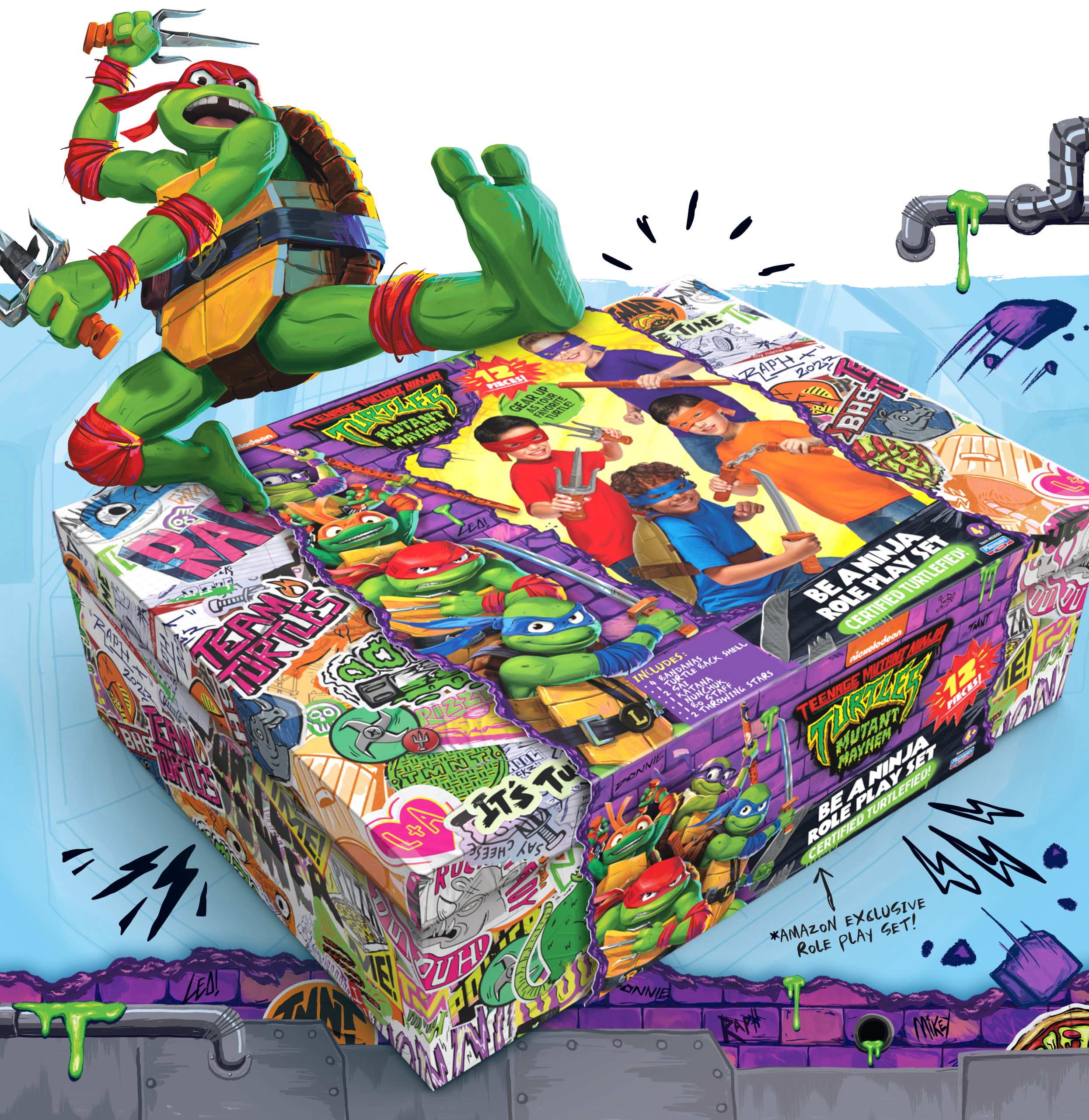 TMNT branding and package design: special edition collectable Amazon Exclusive TMNT Mutant Mayhem Be a Ninja Role Playset from the Nickelodeon Paramount Pictures animated movie TMNT Mutant Mayhem for Playmates Toys