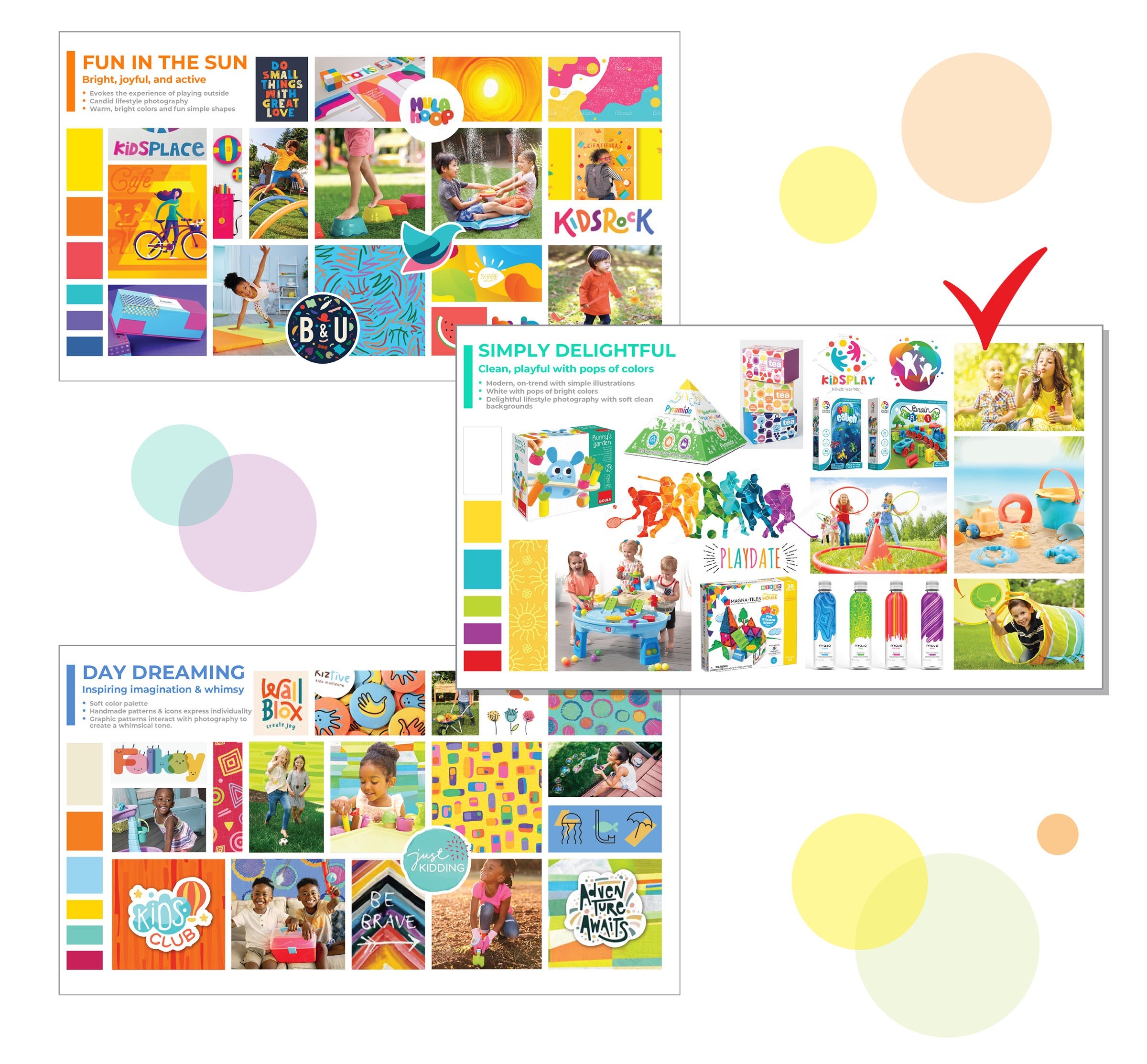 Play Day Branding Packaging : Showing Style Guide Mood Board pages used to develop Private Label branding