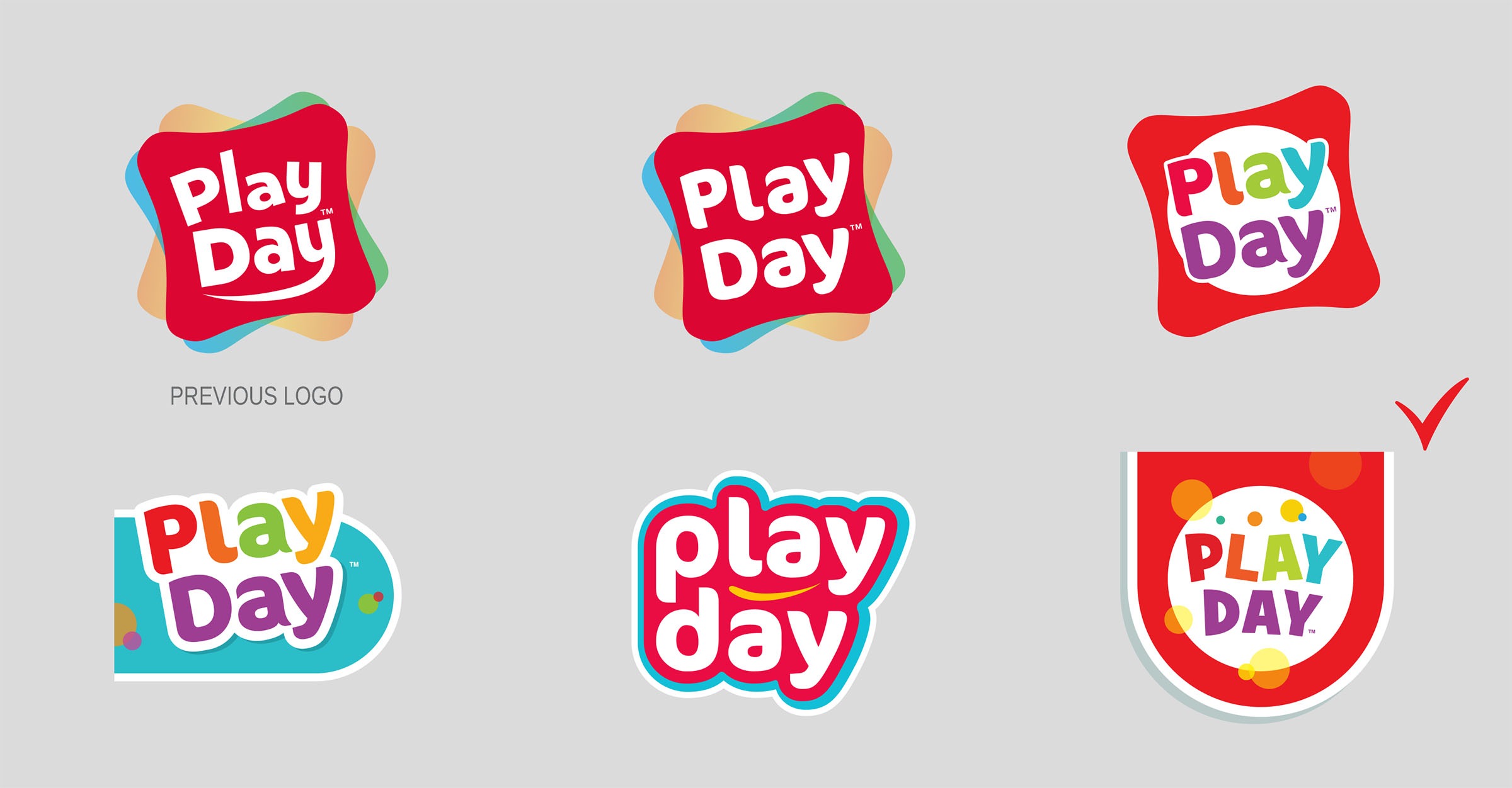 Play Day Branding Packaging : Logo development showing old logo and options through development stages