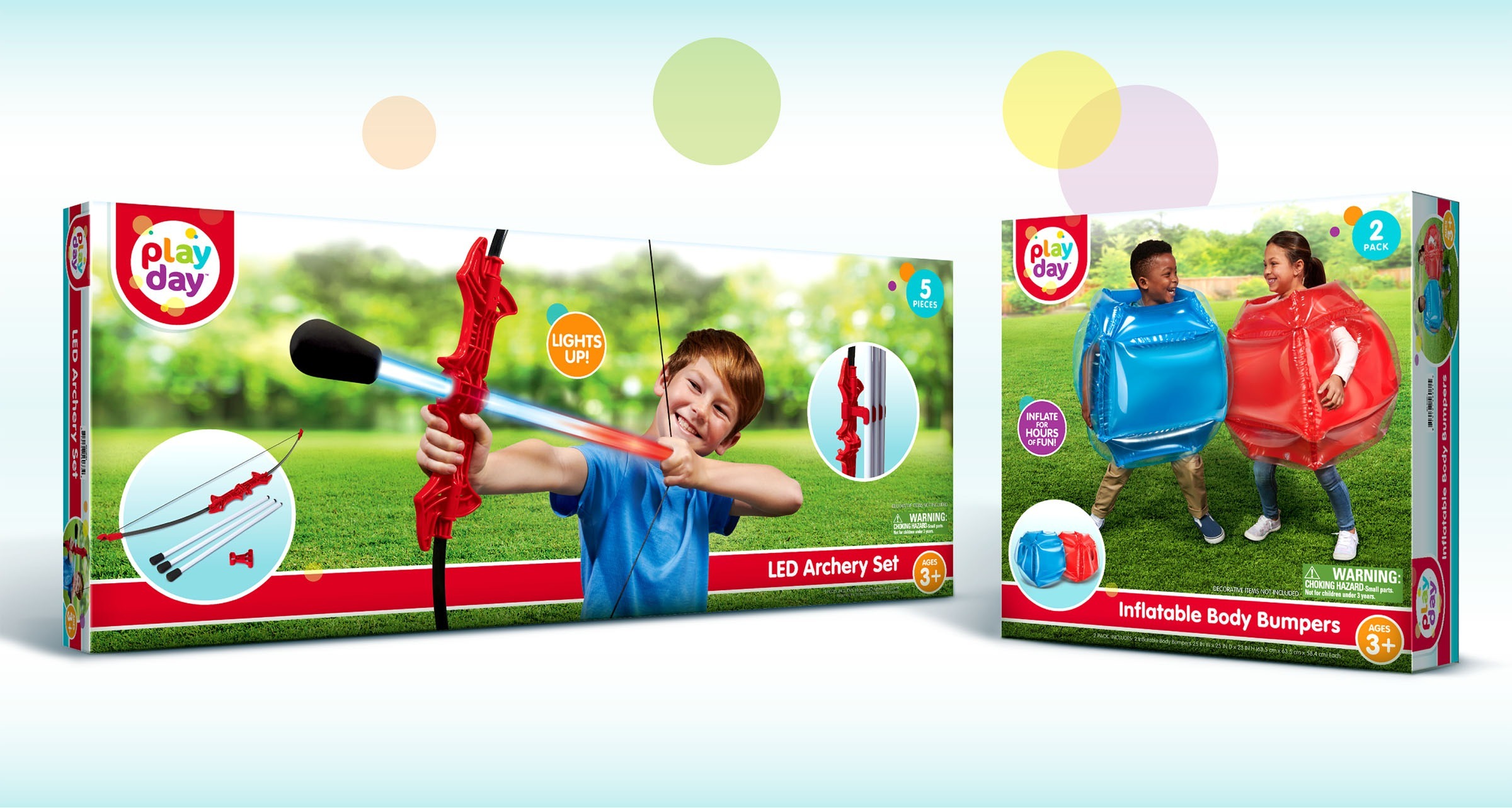 Play Day Branding Packaging: Showing 2 Play Day packages designed by McHale Design for the Walmart Private Label brand Play Day utilizing photography and brand design