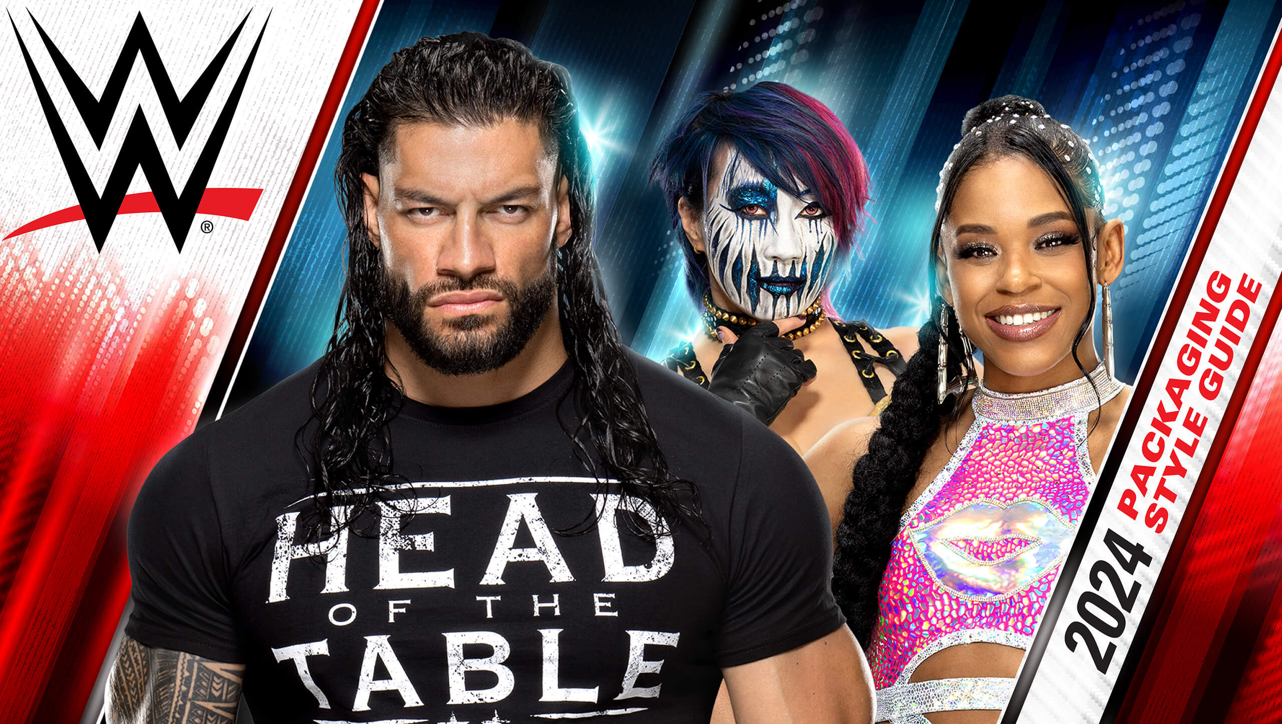 WWE Branding Packaging Style Guide : Key Art of WWE Superstars Roman Reigns, Asuka and Bianca Belair